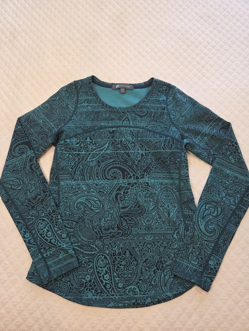 Title 9 Teal Paisley Wool Blend Fitted Sweater Top Size XS Active Outdoor